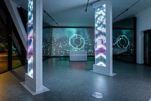 Futuristic showroom concept with transparent hologram displays