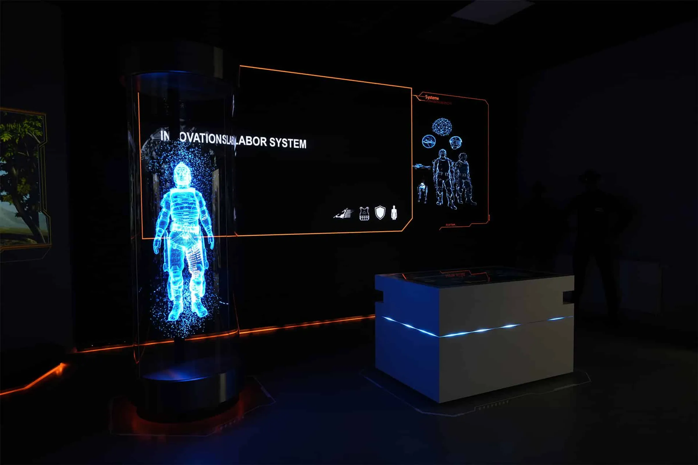 LED fan hologram installation in corporate showroom