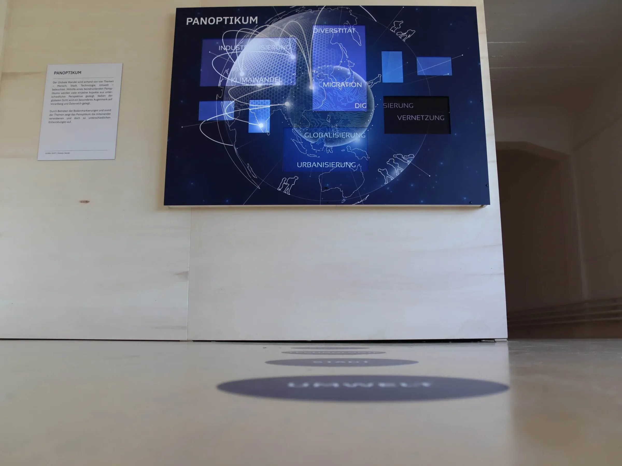 interactive wall with screens and people sensor in the exhibition