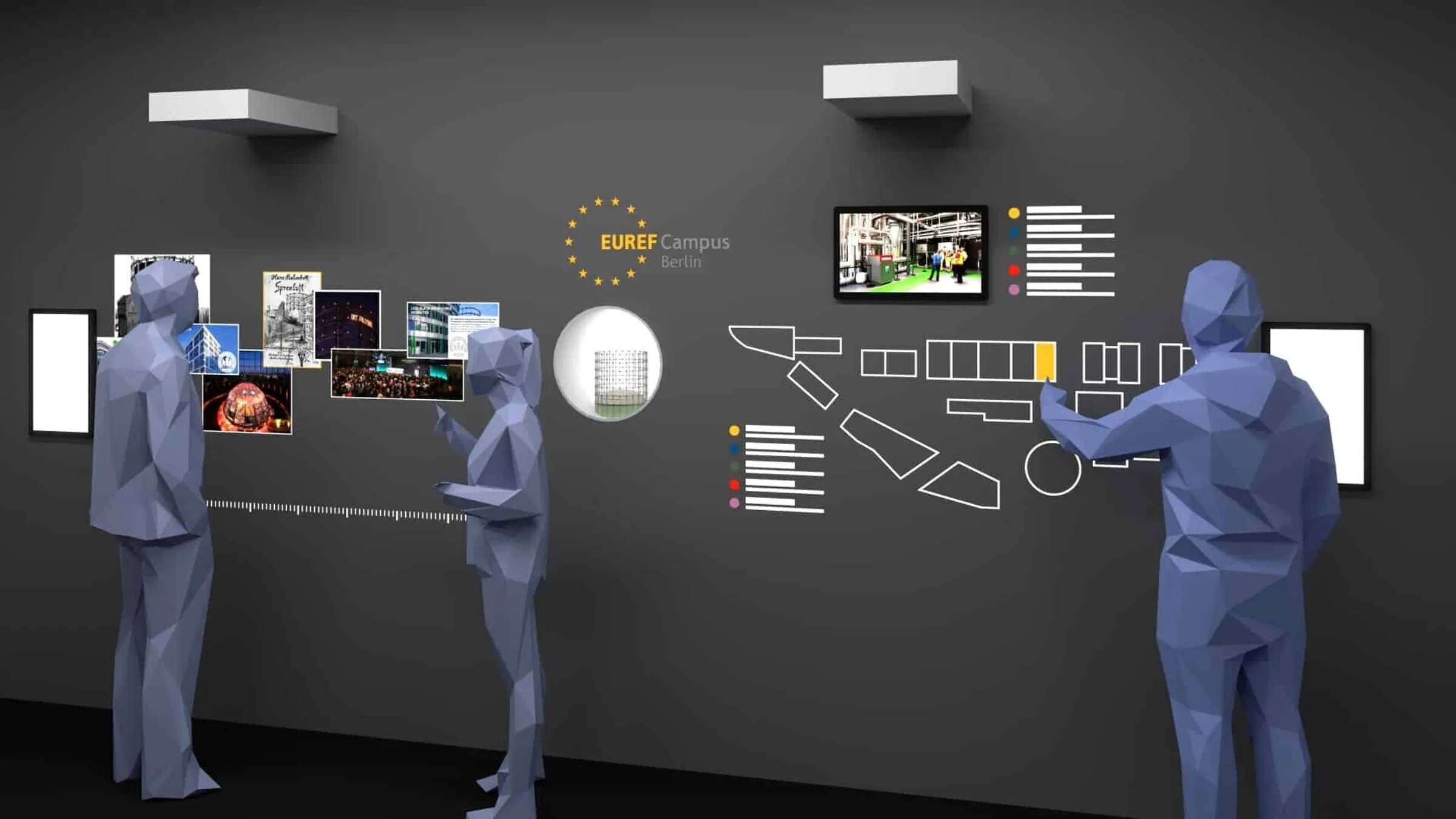 interactive wall with multitouch screen, projection and showcase