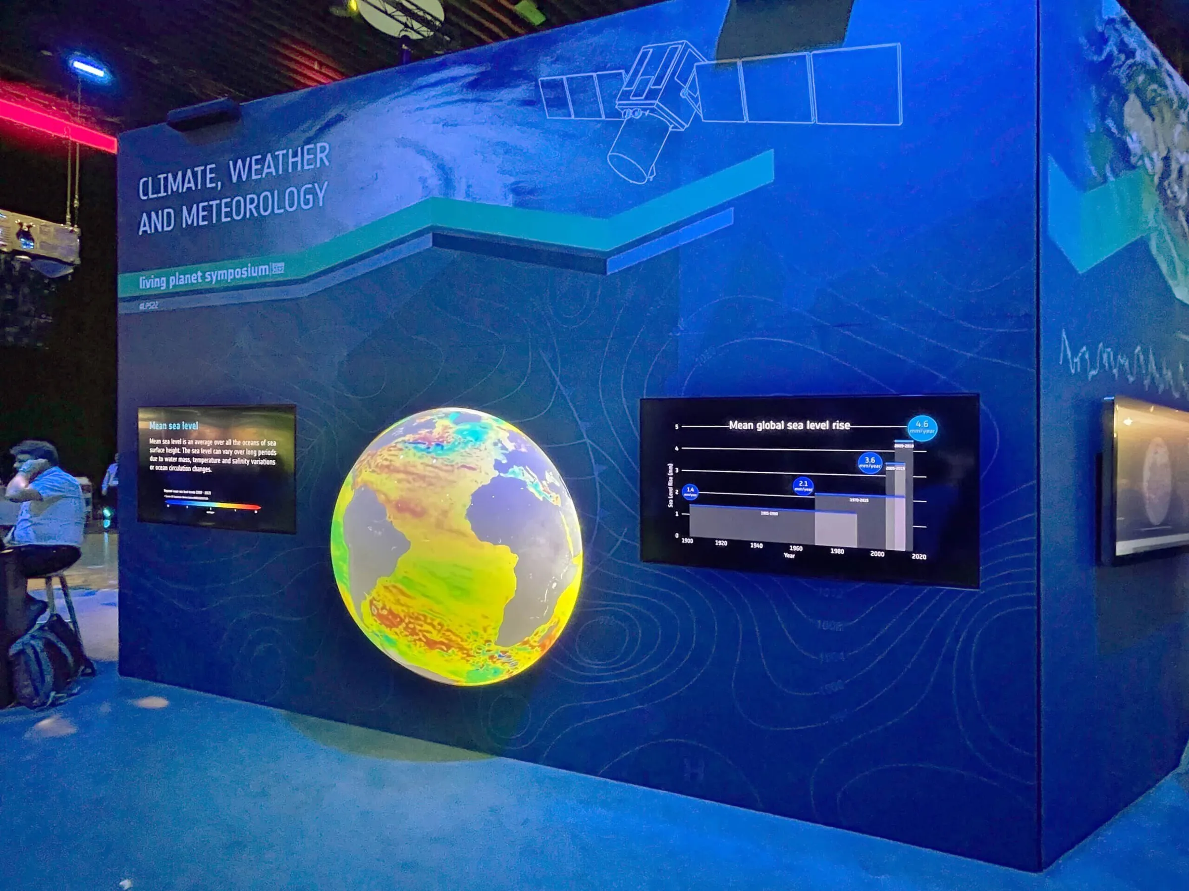 Interactive exhibition wall with 3D globe and integrated touch screens
