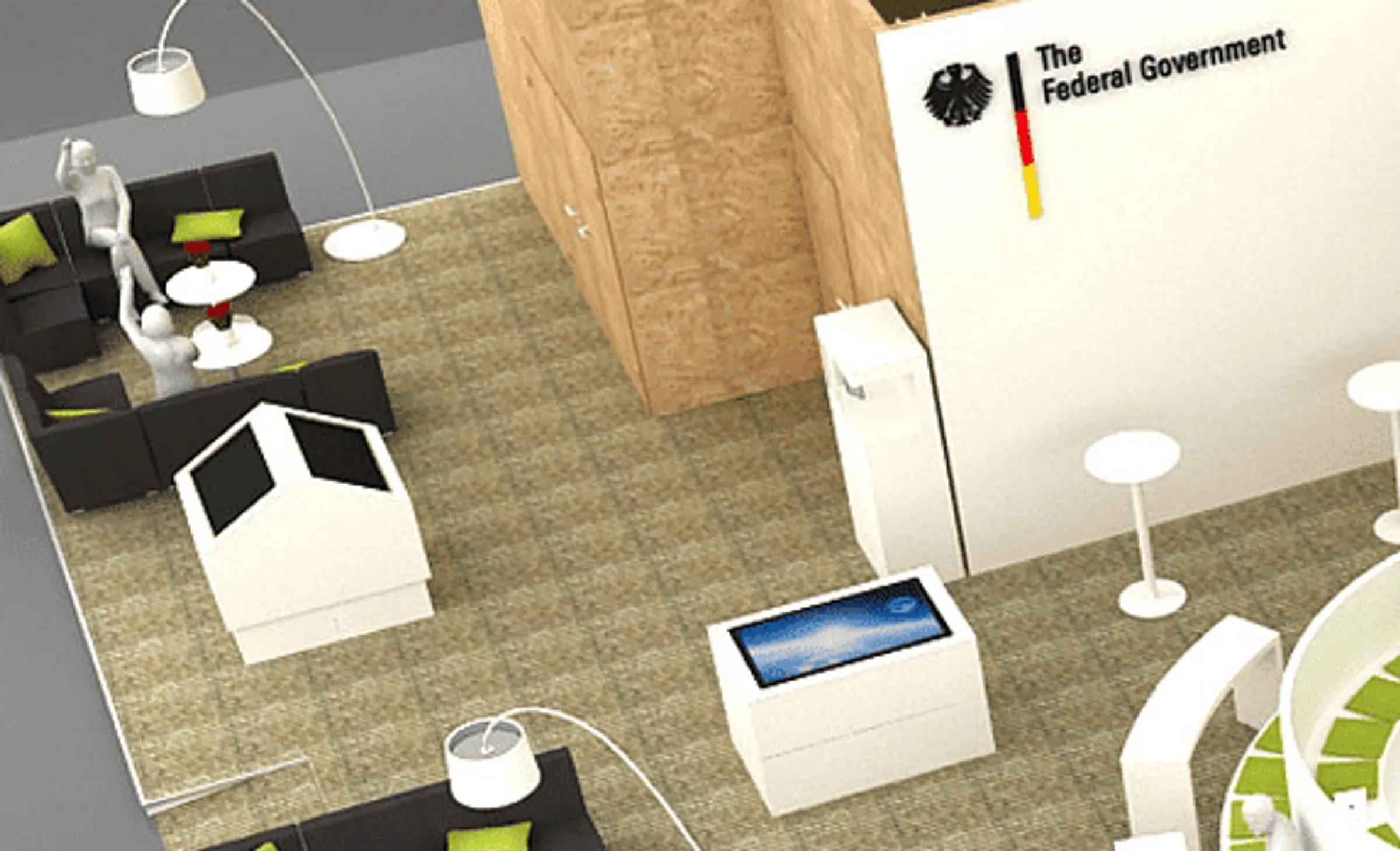 Messestand mit Multitouch-Tisch und interaktiver Vitrine