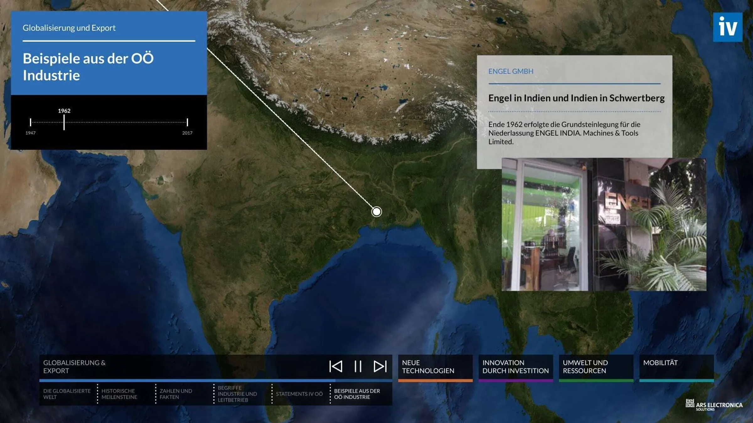 Multitouch software with interactive world map zooms in on project locations