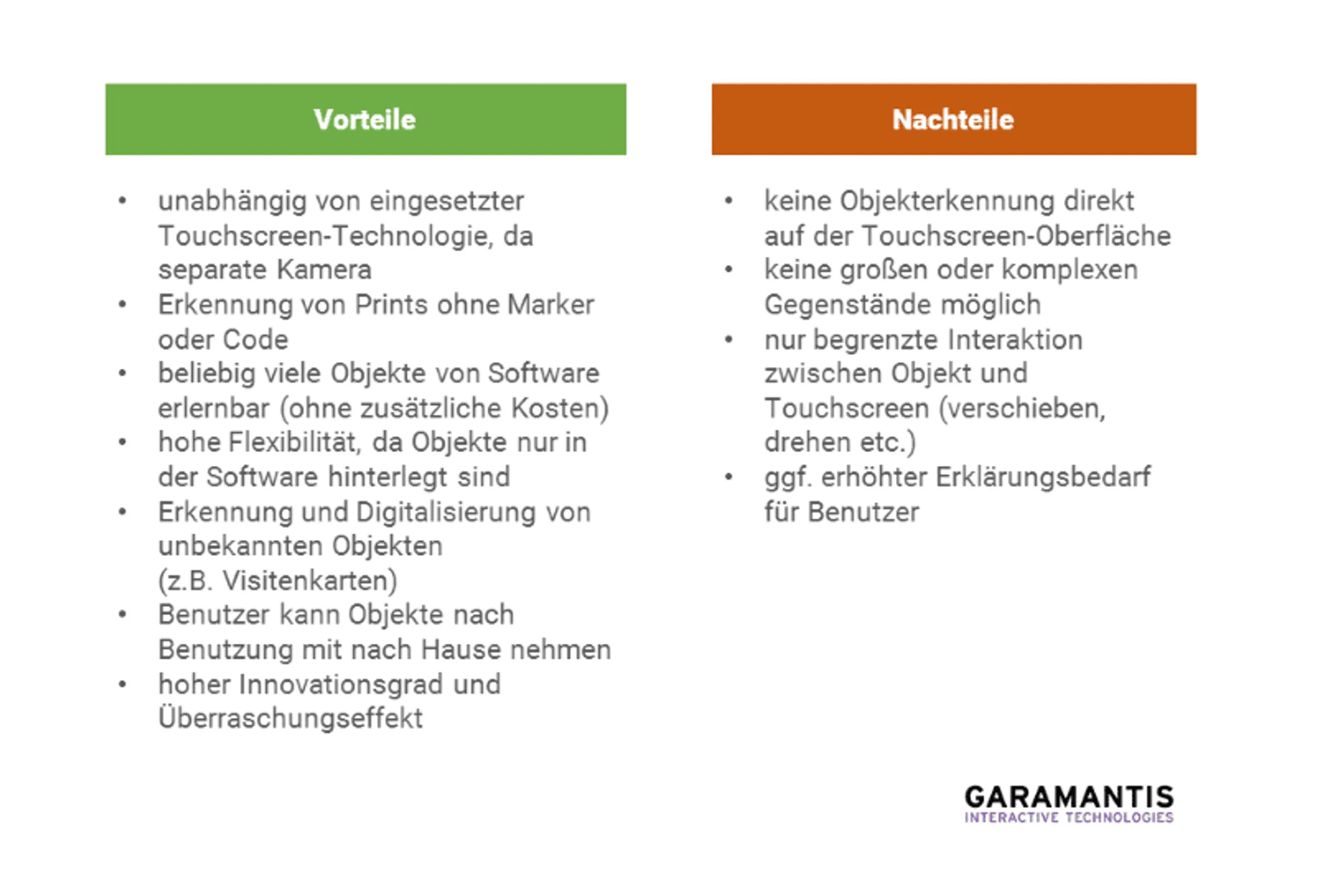 Tabelle Vor- und Nachteile von optischer Objekterkennung