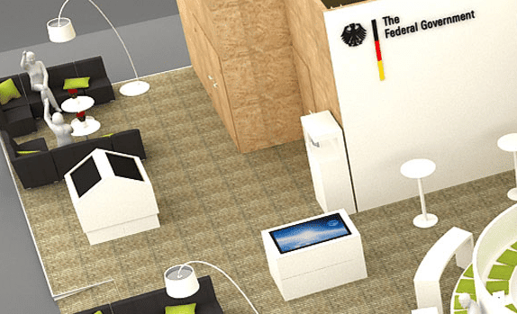Exhibition stand with multi-touch table and interactive showcase