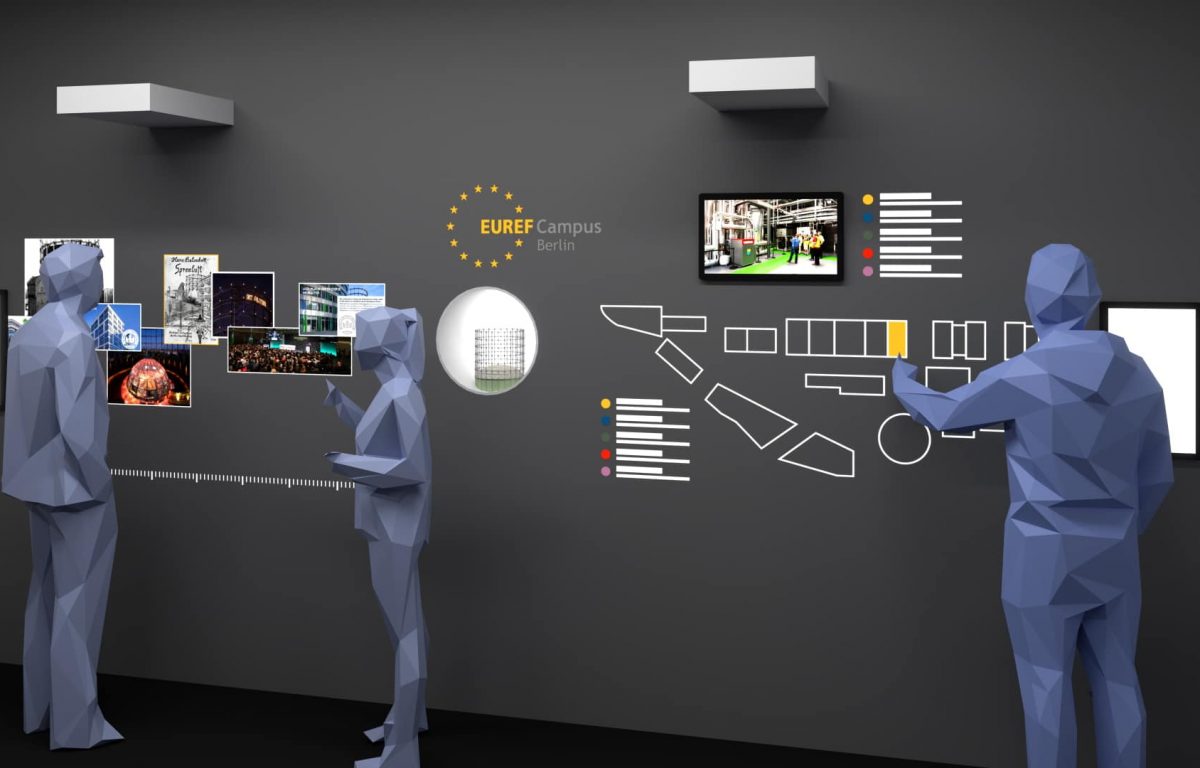Interactive wall with projection, showcase, touch screen and prints