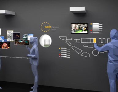 interaktive Wand mit Multitouch-Bildschirm, Projektion und Vitrine