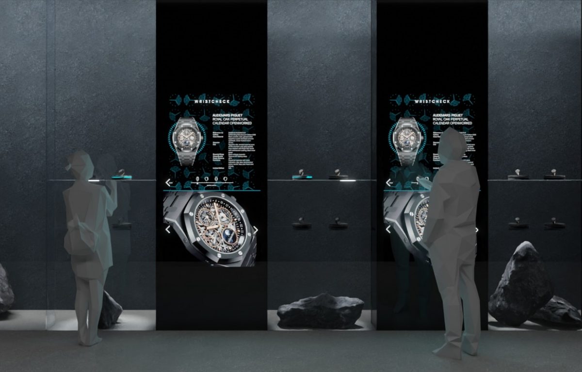 Rendering interactive shop window with screens and turntables