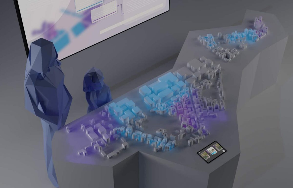 interaktives Projection Mapping auf ein 3D-Modell des Berlin TXL Geländes