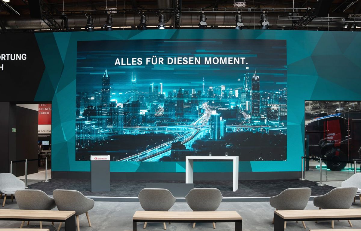 Interactive exhibition stand with huge LED wall for Rosenbauer