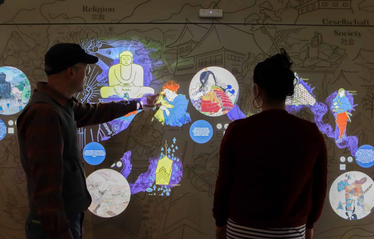 Interactive wall with projection mapping and touch screens