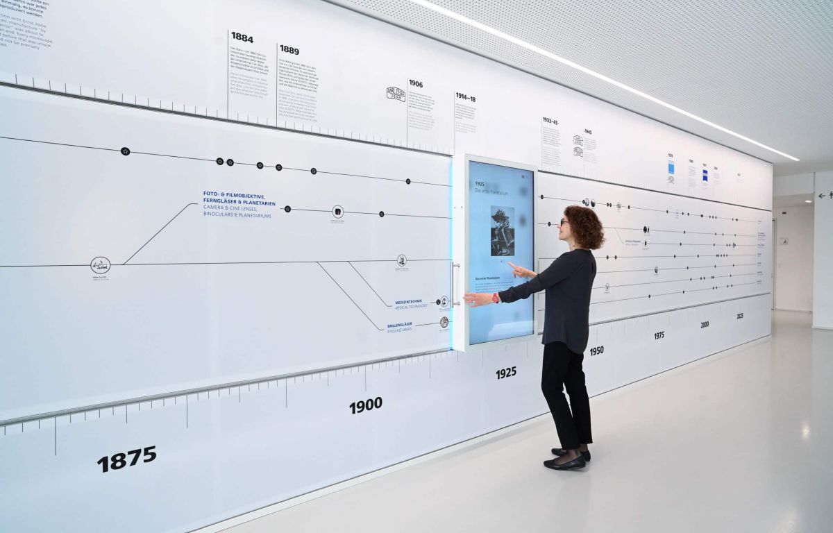 interactive milestone wall in the company museum shows history and innovation