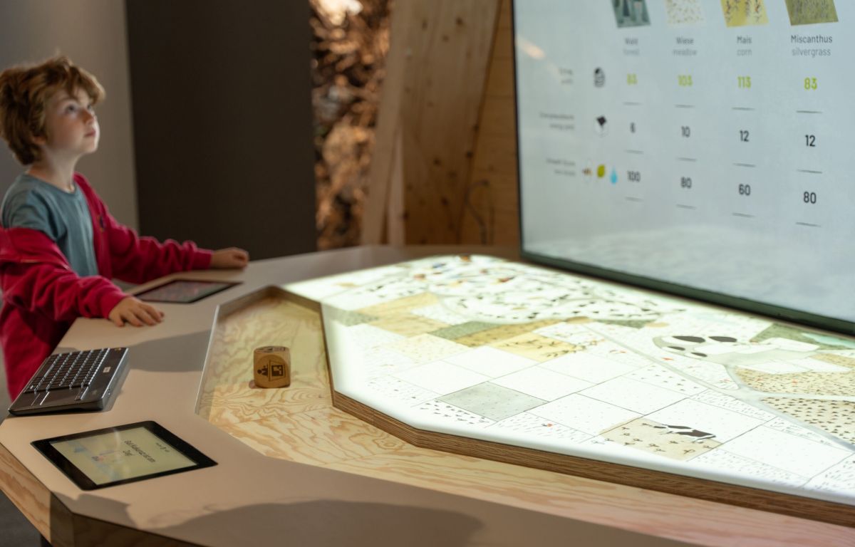 Interaktive Station im Museum mit Projektion, Bildschirm und Touchscreen